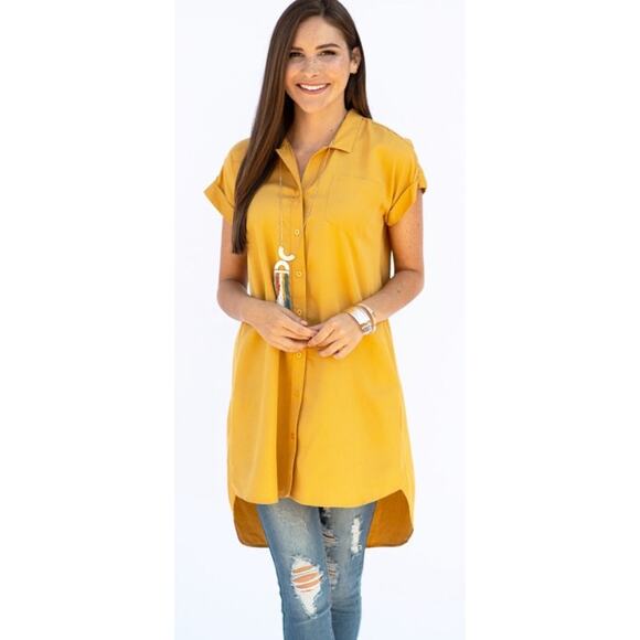 Evy's Tree Dresses & Skirts - Evy's Tree The Harper Mustard Yellow Short Sleeve High Low Dress Pockets‎ XS